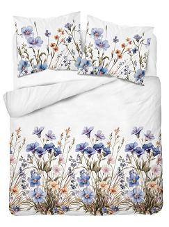 Pościel satynowa 220x200 Detexpol biała niebieska kwiatowa łąka