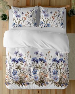Pościel satynowa 220x200 Detexpol biała niebieska kwiatowa łąka