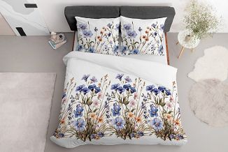 Pościel satynowa 220x200 Detexpol biała niebieska kwiatowa łąka