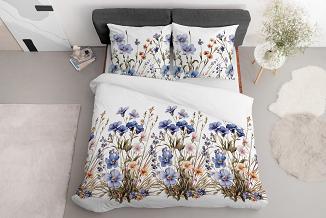 Pościel satynowa 220x200 Detexpol biała niebieska kwiatowa łąka