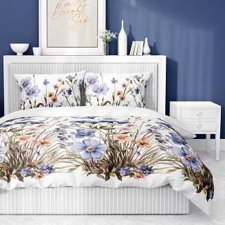 Pościel satynowa 220x200 Detexpol biała niebieska kwiatowa łąka