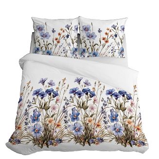 Pościel satynowa 220x200 Detexpol biała niebieska kwiatowa łąka