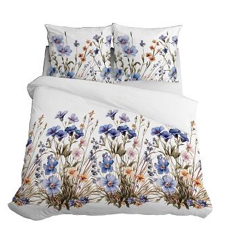 Pościel satynowa 220x200 Detexpol biała niebieska kwiatowa łąka