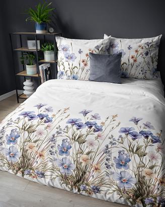 Pościel satynowa 220x200 Detexpol biała niebieska kwiatowa łąka