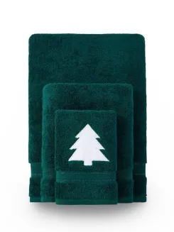 Świąteczny ręcznik bawełniany CHRISTMAS TREE 70x140 butelkowy z haftem choinki