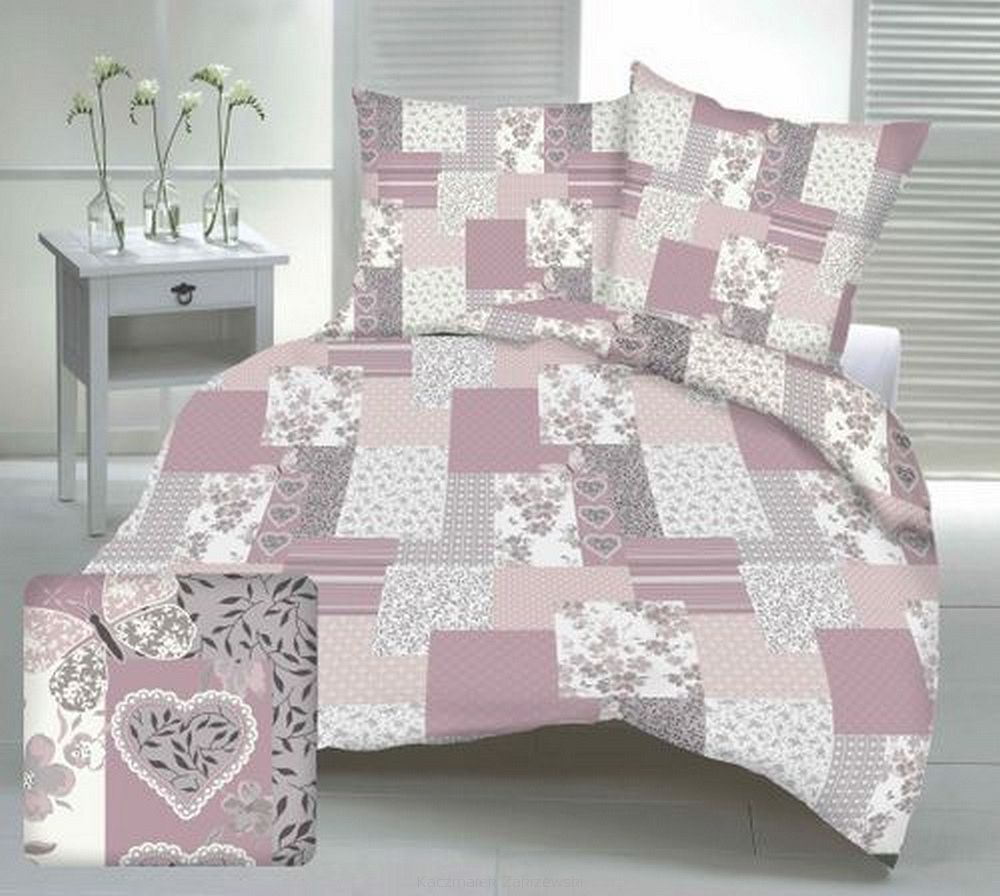 Pościel z satyny luksusowej 140x200 różowa patchwork serca motyle kwiaty