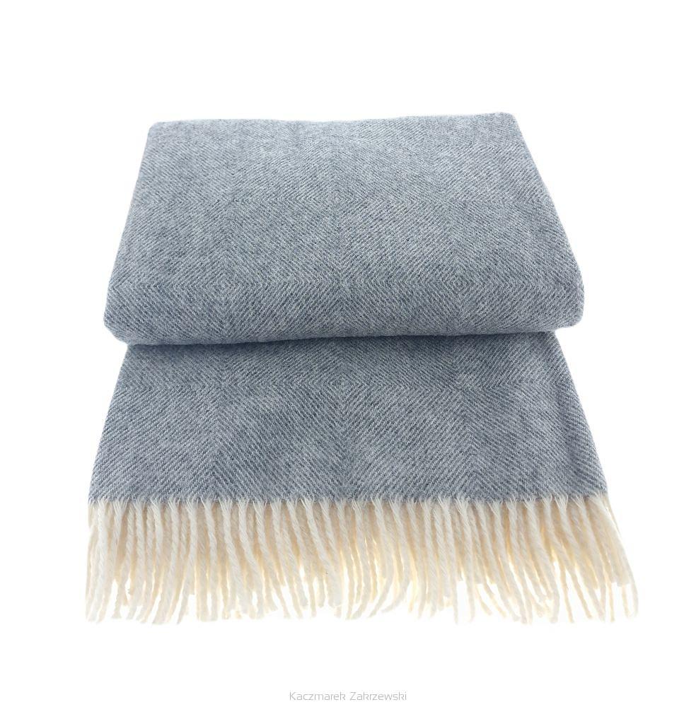 Koc wełniany z frędzlami 150x200 DIAGONAL wełna nowozelandzka popiel