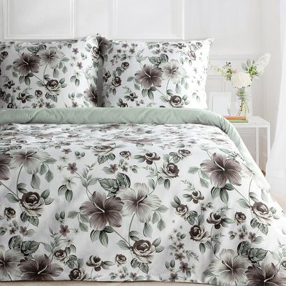 Pościel satynowa SPRING67 140x200 Eurofirany biała stalowa w duże kwiaty hibiskusa