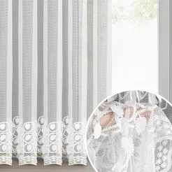 Firana gotowa na taśmie INGA 140x250 biała zdobiona w połowie i na dole haftem i aplikacją 3D