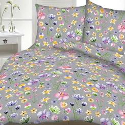 Pościel z kory 200x220 wzór kwiaty na szarym tle