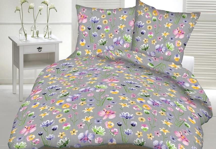 Pościel z kory 200x220 wzór kwiaty na szarym tle