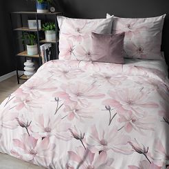 Pościel satynowa 160x200 Detexpol różowa pudrowa kwiaty magnolii