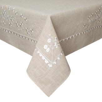 Obrus dekoracyjny ADELINE 140x300 Eurofirany z dodatkiem lnu beżowy w białe haftowane kwiatuszki