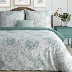 Pościel satynowa SPRING 220x200 Eurofirany biała jasnomietowa kwiaty hortensji