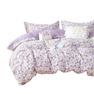 Pościel satynowa 140x200 biała fioletowa kwiaty