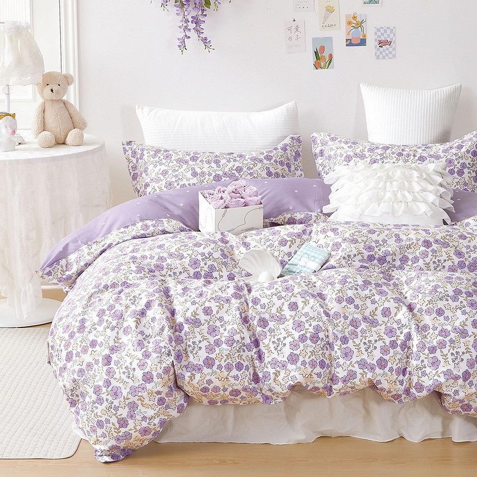 Pościel satynowa 140x200 biała fioletowa kwiaty