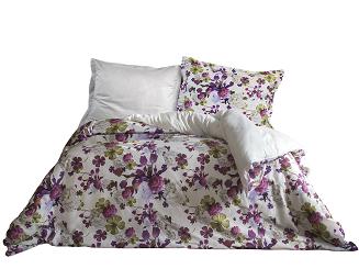 Pościel satyna bawełniana KALINA 160x200 biała fioletowa zielona kwiaty PREMIUM