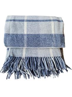 Koc wełniany z frędzlami 160x200 kratka szary granatowy
