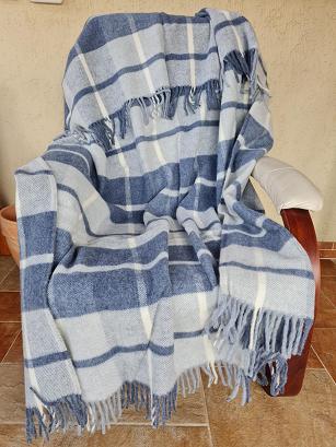 Koc wełniany z frędzlami 160x200 kratka szary granatowy