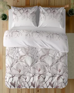 Pościel satynowa 220x200 Detexpol biała pudrowa kwiaty magnolii