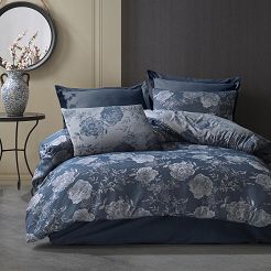 Pościel bawełniana JACQUARD FLORY BLUE 160x200 COTTONLOVE Darymex granatowa kwiecista