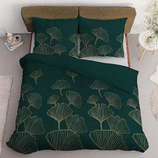 Pościel satynowa 140x200 ciemnozielona złota liście miłorzębu