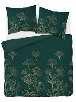 Pościel satynowa 140x200 ciemnozielona złota liście miłorzębu