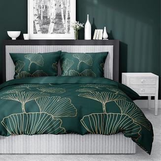 Pościel satynowa 140x200 ciemnozielona złota liście miłorzębu