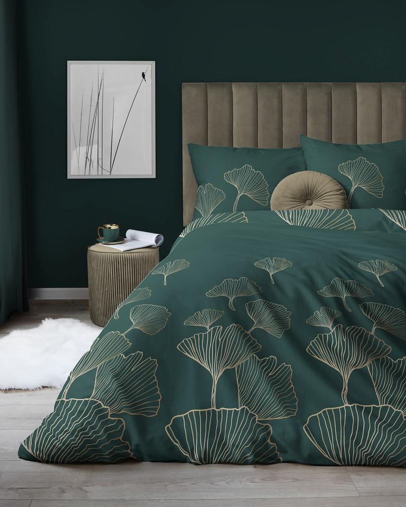 Pościel satynowa 140x200 ciemnozielona złota liście miłorzębu