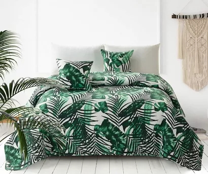 Narzuta dekoracyjna JUNGLE 240x260 pikowana kremowa zielona czarna tropikalne liście