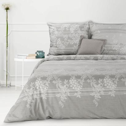 Pościel bawełniana Classic Deluxe SARA 140x200 Eurofirany jasnopopielata roślinny wzór flora paski