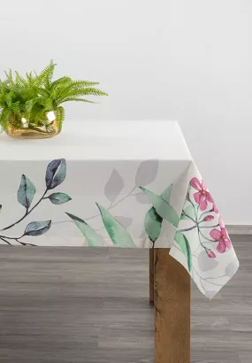 Obrus dekoracyjny NATU-7 140x280 Eurofirany biały w botaniczne kwiaty