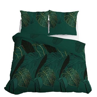 Pościel satynowa 200x220 Home Satin ciemnozielona czarna złota liście monstery