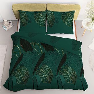 Pościel satynowa 200x220 Home Satin ciemnozielona czarna złota liście monstery