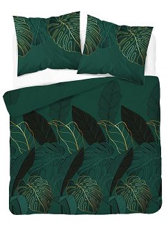 Pościel satynowa 200x220 Home Satin ciemnozielona czarna złota liście monstery