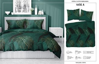 Pościel satynowa 200x220 Home Satin ciemnozielona czarna złota liście monstery