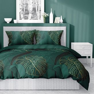 Pościel satynowa 200x220 Home Satin ciemnozielona czarna złota liście monstery