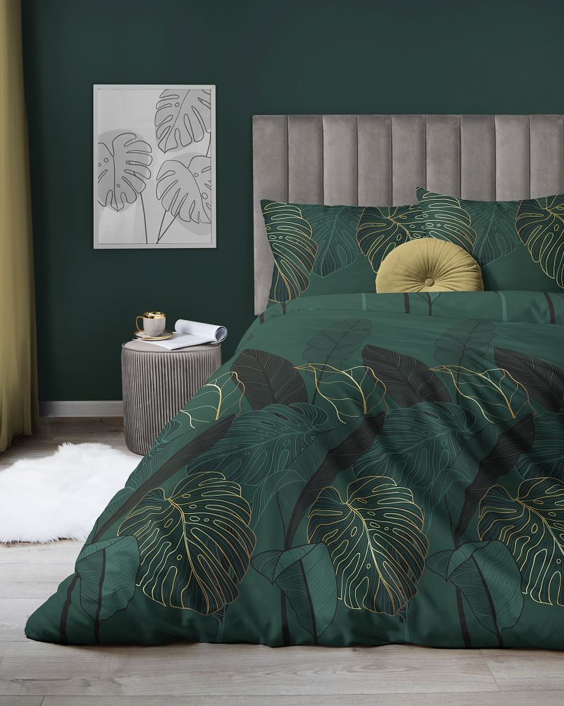 Pościel satynowa 200x220 Home Satin ciemnozielona czarna złota liście monstery