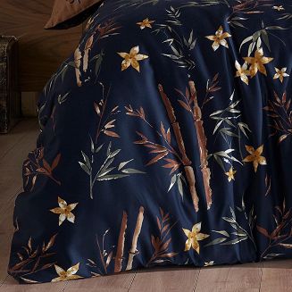 Pościel satyna bawełniana BAMBOO FLOWER 160x200 EXCLUSIVE granatowa beżowa kwiaty liście bambusa