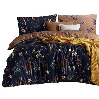 Pościel satyna bawełniana BAMBOO FLOWER 160x200 EXCLUSIVE granatowa beżowa kwiaty liście bambusa