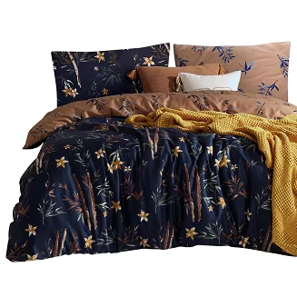 Pościel satyna bawełniana BAMBOO FLOWER 160x200 EXCLUSIVE granatowa beżowa kwiaty liście bambusa