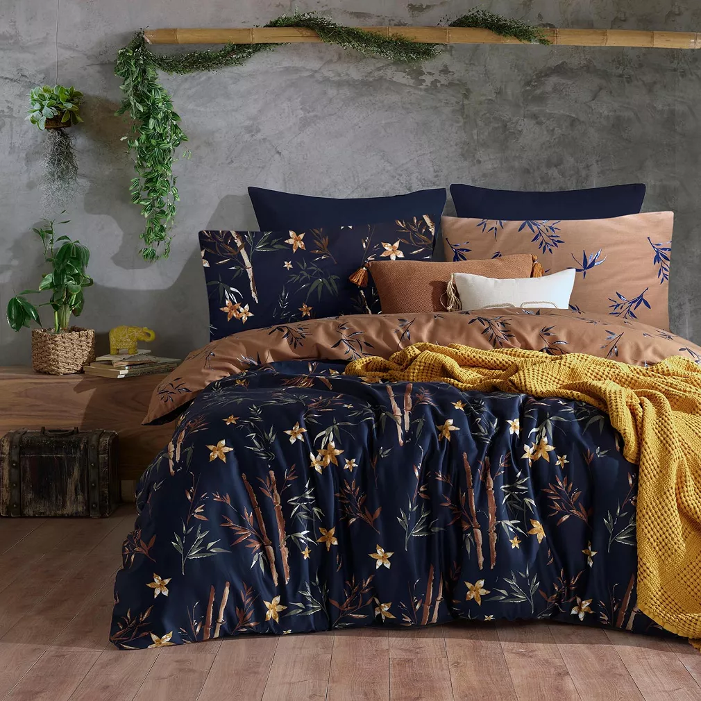 Pościel satyna bawełniana BAMBOO FLOWER 160x200 EXCLUSIVE granatowa beżowa kwiaty liście bambusa