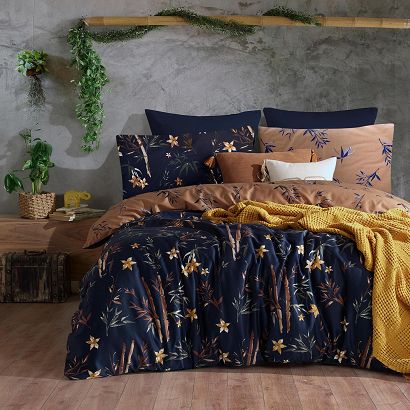 Pościel satyna bawełniana BAMBOO FLOWER 160x200 EXCLUSIVE granatowa beżowa kwiaty liście bambusa