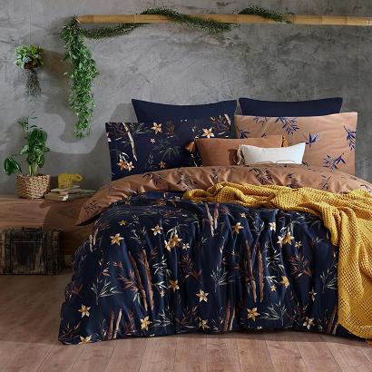 Pościel satyna bawełniana BAMBOO FLOWER 160x200 EXCLUSIVE granatowa beżowa kwiaty liście bambusa