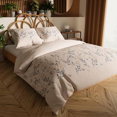 Komplet pościeli AMALIA z bawełny satynowej 160x200cm beżowa botaniczny wzór kwiatowy