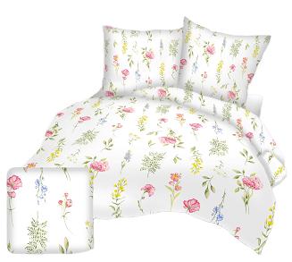 Pościel z satyny luksusowej 140x200 biała kolorowa kwiatowa łąka