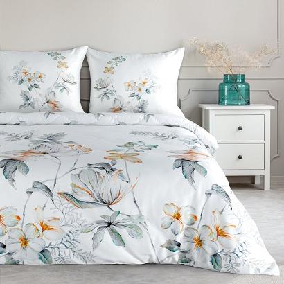 Pościel z makosatyny AMELIA 220x200 Eurofirany biała pomarańczowa dwustronna egzotyczne kwiaty liści