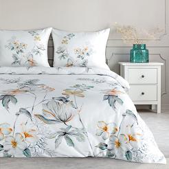 Pościel z makosatyny AMELIA 220x200 Eurofirany biała pomarańczowa dwustronna egzotyczne kwiaty liści