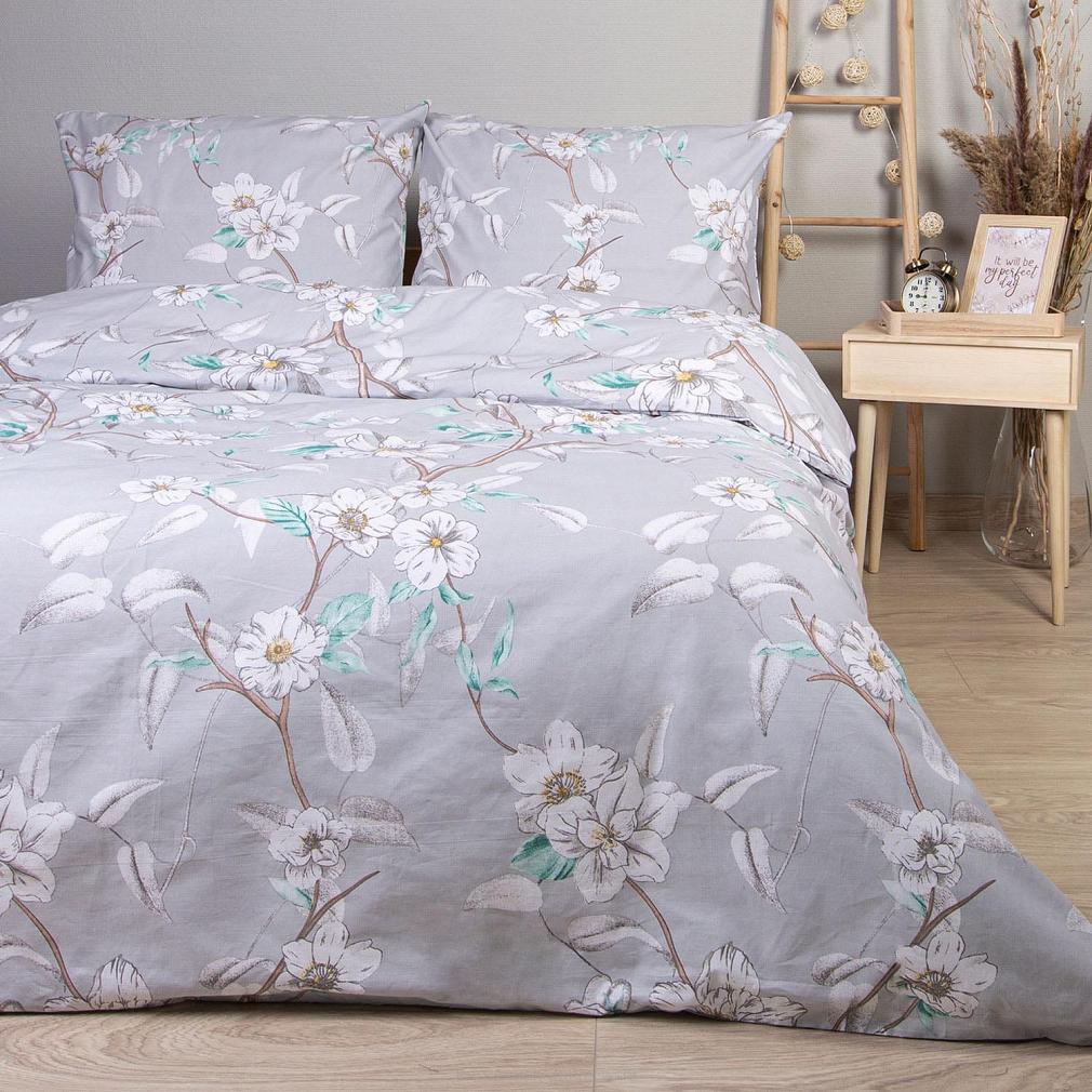 Pościel bawełniana 180x200 COTTONLOVE szara delikatne kwiaty