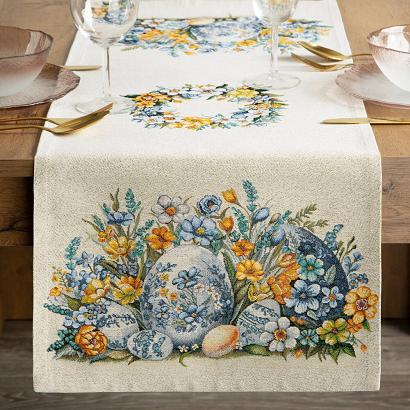 Bieżnik dekoracyjny gobelin 40x100 Eurofirany naturalny niebieski wielkanocne pisanki wśród kwiatów